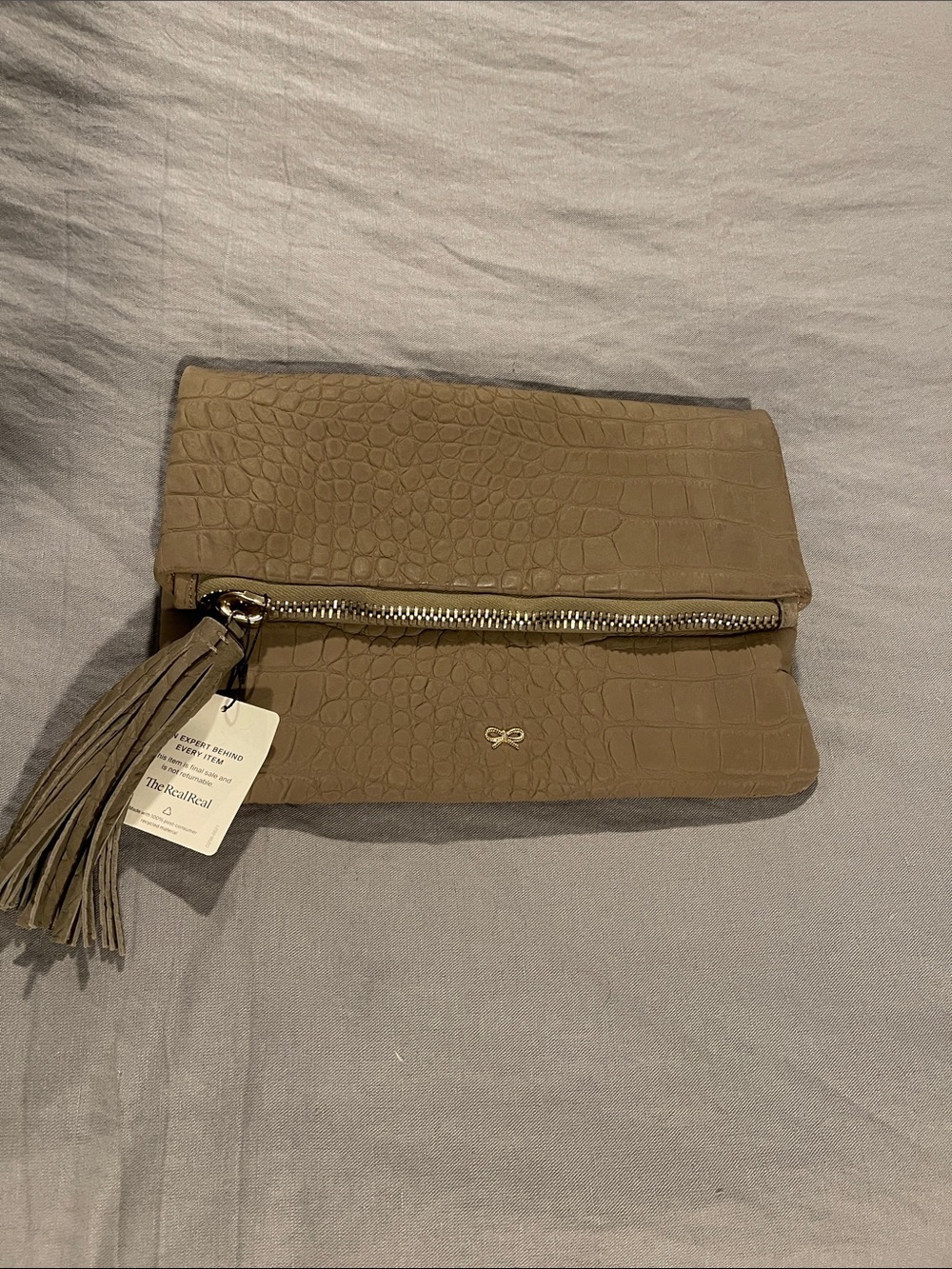 Anya Hindmarch Taupe Croc-Embossed Foldover Clutch with Tassel